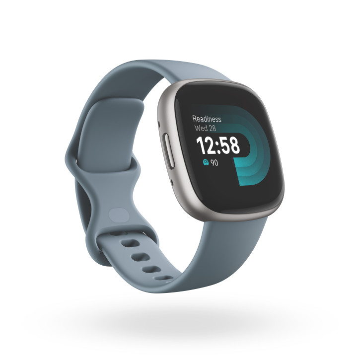 Fitbit Versa 4  Leichte wasserdichte Health- und Fitness-Smartwatch mit integriertem HR Sensor, Amoled Screen (NFC) und integriertem GPS - Blue/Platinum Aluminum (Vorverkauf: Auslieferung 29.09.22)