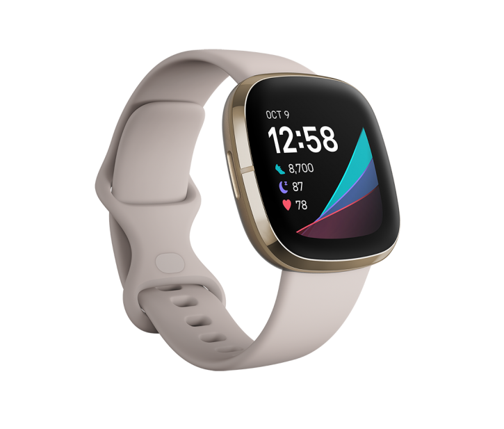 Fitbit Sense - Smartwatch impermeabile per la salute e il fitness con sensore HR integrato e schermo Amoled Screen (NFC), GPS integrato, giroscopio e Google Assistant - Lunar White/Soft Gold in acciaio inossidabile