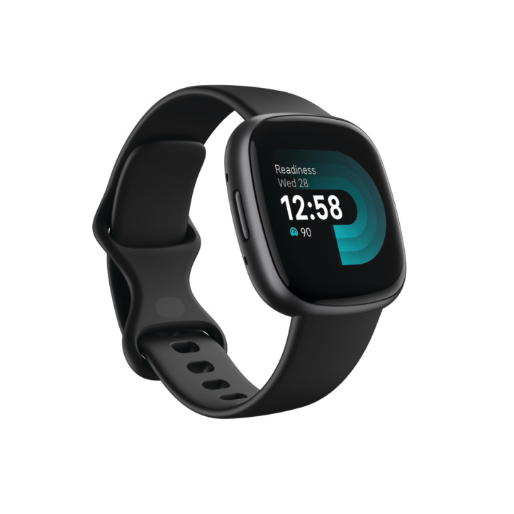 Fitbit Versa 4  Leichte wasserdichte Health- und Fitness-Smartwatch mit integriertem HR Sensor, Amoled Screen (NFC) und integriertem GPS - Black/Graphite Aluminum (Vorverkauf: Auslieferung 29.09.22)