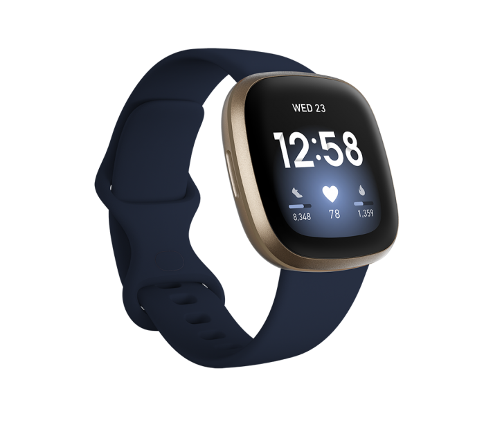 Fitbit Versa 3 - Montre de santé et de fitness légère et étanche avec capteur RH intégré, écran tactile (NFC) et GPS intégré - Midnight/Soft Gold Aluminium
