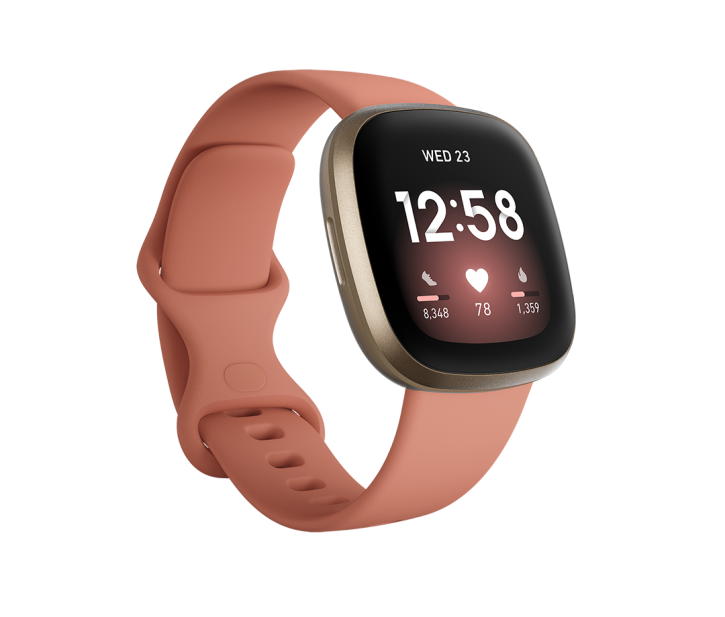Fitbit Versa 3 - Orologio intelligente leggero e impermeabile per la salute e il fitness con sensore HR integrato, schermo Amoled Screen (NFC) e GPS integrato - Argilla rosa/alluminio oro zecchino