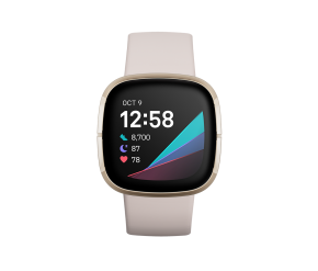 Fitbit Sense - Montre intelligente étanche pour la santé et la forme physique avec capteur RH intégré et écran tactile (NFC), GPS intégré, gyroscope et Google Assistant - Acier inoxydable blanc lunaire/or doux